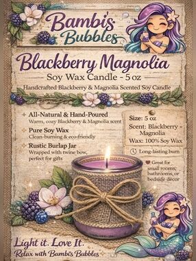 New! Limited Supply Hand Crafted Blackberry Magnolia Soy Wax 5oz Candle